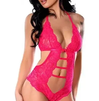 Get It Girl Lace Halter Teddy W/snap Crotch - Pink S/m