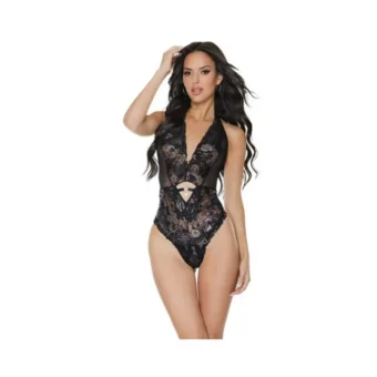 '=metallic Stretch Lace Crotchless Teddy Black/ Rose Gold O/s